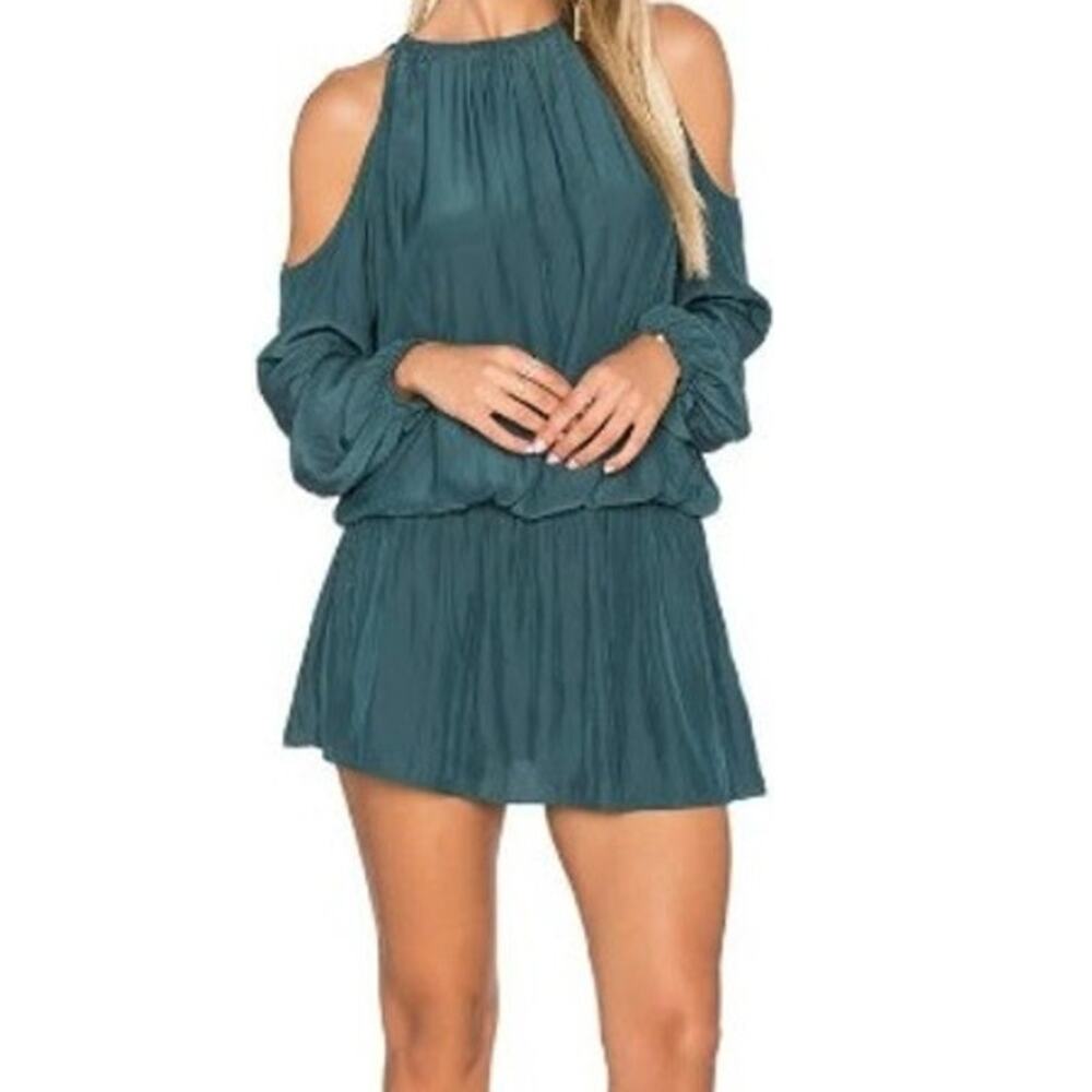 Ramy Brook Lauren Cold Shoulder Dress Elastic Waist Keyhole Blouson Mini Green S